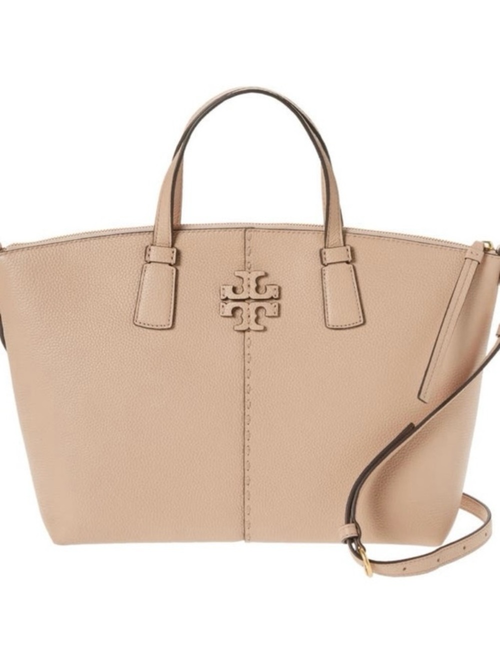 Tory Burch Nude Pebbled Leather Double-Handle w adjustable strap McGraw zip Tote